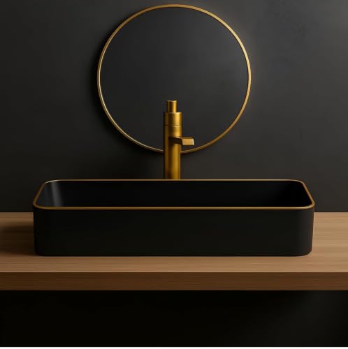 Image of OSOSAM Designer Ceramic Countertop Vessel Sink for Bathroom | Premium Matte Black Table Top Wash Basin for Home, Hotel & Vanity Spaces | 24 x 14 x 5.5 Inch