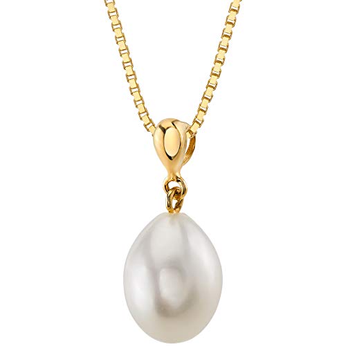 PEORA Freshwater Cultured White Pearl Pendant in 14K Yellow Gold, Baroque Oval Shape, 10x8mm Dainty Solitaire, Dainty Pearl Necklaces, Elegant Wedding Pearl Necklace & Bridesmaid Jewelry