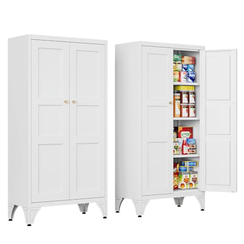 Image of Letaya Metal Storage Cabinet with Doors and Shelves,47.3 inch H Bathroom Floor Kitchen Pantry Utility Cupboard Dining Home Office /Garage Organizers,White