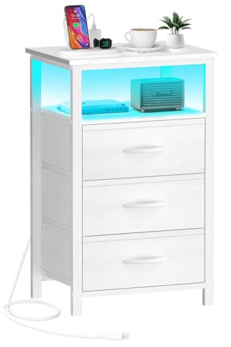 Image of Kinembold Nightstand with Charging Station, Bedside Table LED Night Stand with USB Ports and Outlets, End Table with 3 Fabric Drawers and Storage Shelf, Night Stands for Bedroom (White)