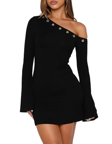 OOQONQ Women's Fall Off The Shoulder Long Flared Sleeve Mini Dress Neckline with Silver Eyelet Bodycon Party Club Dresses (US, Alpha, X-Large, Regular, Regular, Black)