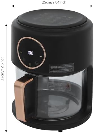 3.81QT Black Glass Air Fryer, 1200W Touchscreen, 360° Cooking View, 8 Pre-Set Functions, Healthy Borosilicate Glass Pot for Family & Restaurant Use