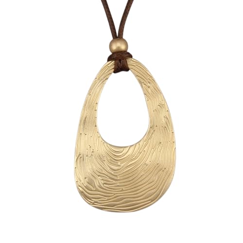 GelConnie Boho Pendant Long Necklaces for Women Chunky Bohemian Vacation-style Necklace Hammered Gold Oval Pendant Statement