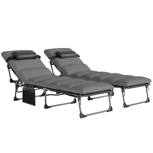 Outsunny Lot de 2 Bain de Soleil avec Matelas 9cm - Chaise Longue Jardin 200cm Pliable Dossier Réglable 5 Positions, Appui-tête et Poche Latérale - Transat de Jardin pour Terrasse Plage, Gris Foncé