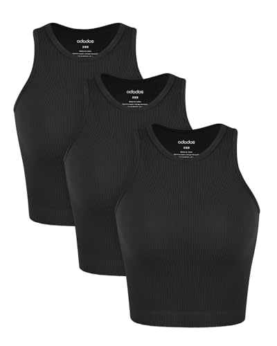 Image of ODODOS 3-Pack Seamless Crop Tank for Women Ribbed Soft High Neck Cropped Tops
