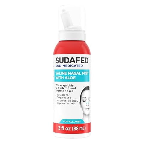 Sudafed Non-Medicated Saline Nasal Mist with Aloe, Sinus Saline Nose Spray for All Ages Quickly Flushes & Moisturizes Nasal Passages, Use Nasal Mist as Often As Needed, Drug-Free, 3 fl. oz Cover