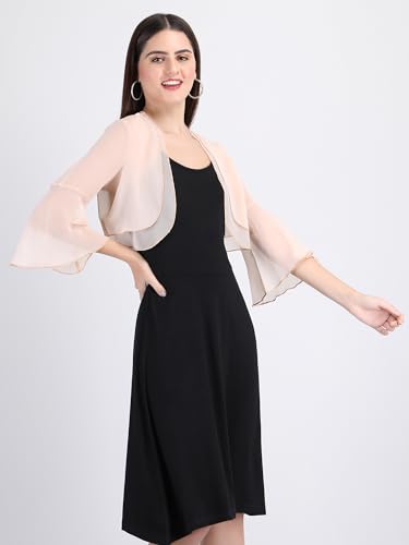 Image of AOL Women's Cropped Layered Lightweight Sheer Three-Fourth Bell Sleeves Georgette Open Neck Shrug Bolero