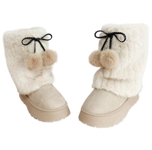 Fur Boots Winter Snow Shoes Cute Bow Balls Round Toe