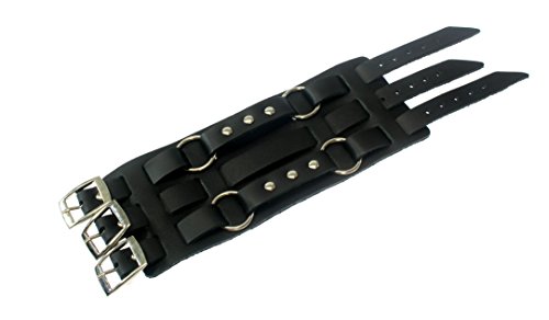 Wide Triple Strap Leather Cuff Wrap Gothic Wristband Bracelet With Buckle Fastening - BLACK LEATHER4