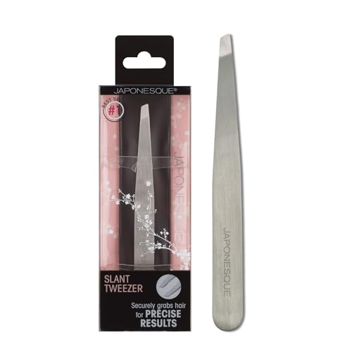 JAPONESQUE Slant Tweezer, with Precision Crafted, Hand Sharpened Tips for Shaping and Defining Brows, Includes Protective Storage Pouch