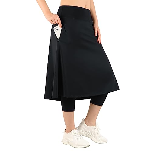 Womens Athletic Skirted Leggings with Pockets High Waisted Knee Length Skirts with Capris Leggings for Tennis