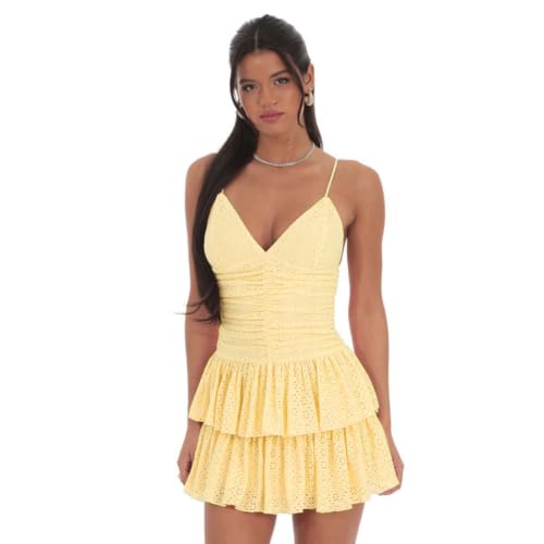Image of YOXUA Women's Deep V-Neck Spaghetti Strap Casual Tiered Mini Dresses Summer Layer Ruffle Hem Short Dress