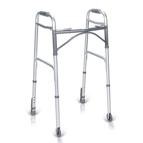 Image of Kosmocare Deluxe Folding Walker With Added Accessories - 3 inch Castors And Auto-Glide Brakes - Silver