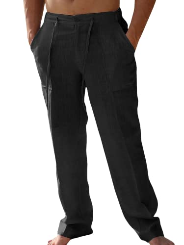Image of PASLTER Mens Cotton Linen Pants Casual Summer Beach Pants Dress Trousers | Loose Fit, Elastic Drawstring Waist, Lightweight, Straight-Legs, Slacks, Yoga, Work, Vacation, Quick Dry