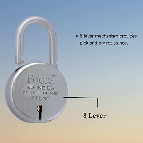 Image of Foora Round 65mm Padlock | Metal Body | 8 Lever Double Locking | 40 Keys + Keychain | Door, Gate, Shutter Security | Silver Finish | Made in India