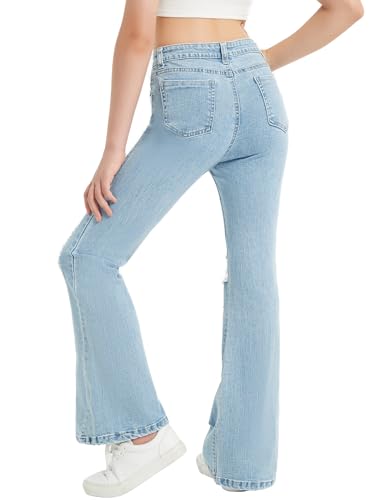 EXARUS Girls Flare Jeans Bell Bottom Teen Denim Pants Flared Ripped Cute Bootcut Mid Rise Elastic Band Pockets Kids4