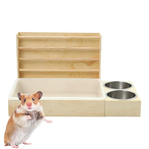Portahenos de madera natural con boles de acero para roedores pequeños 8