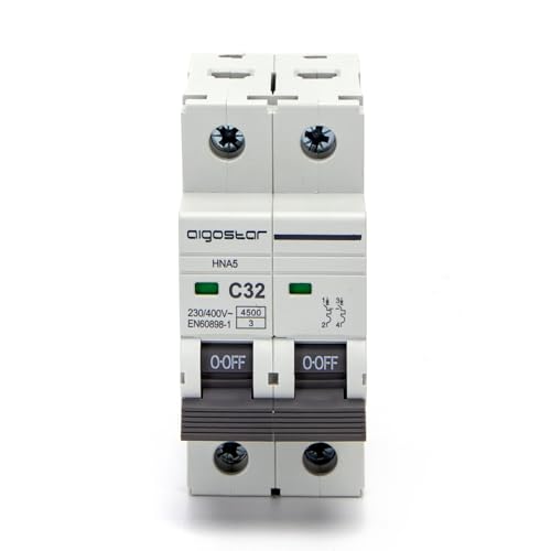 Disyuntor automático en miniatura 2P, 32 A, CURVA C, color gris. Ideal para proteger circuitos eléctricos en espacios reducidos, garantizando seguridad y eficiencia en tu hogar o negocio.