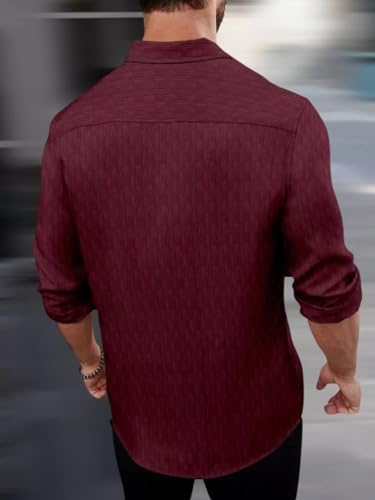 Image of DEELMO Men's Regular Fit Button Down Dress Shirts Textured Long Sleeve Casual Hawaiian Shirt