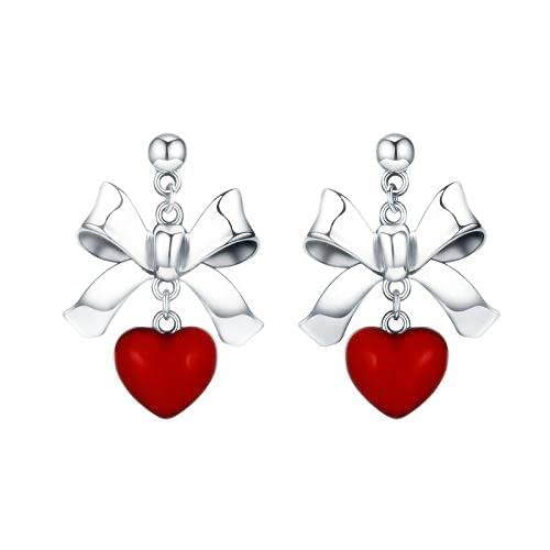 Boucles d'oreilles cœur rouge argent 925 Doux Nouveau avec nœud papillon