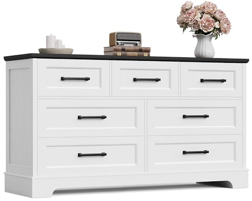 Furmax Farmhouse Dresser for Bedroom, 7 Drawers Dresser, Wood Chest of...