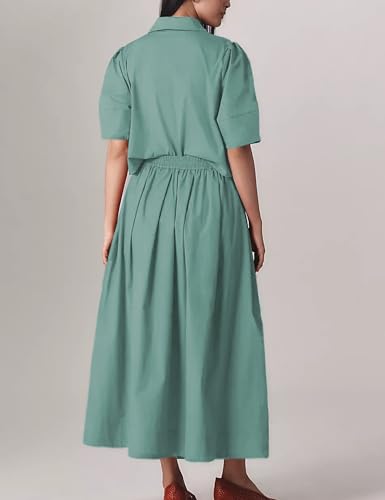 Image of Womens Summer 2 Piece Outfits Skirt Sets Button Short Sleeve Tops Elastic Waist Maxi Dress Sets with Pockets