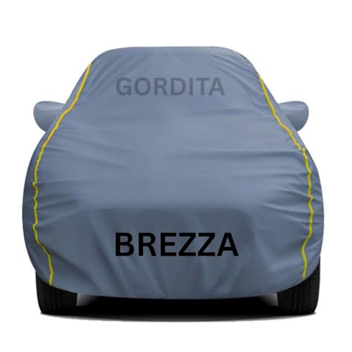 Image of Waterproof Car Body Cover for Brezza All Weather Protection Comes with Inner Cotton Lining & Triple Stitched with Mirror & Antenna Pocket Belt & Elastic Fit Grey with Yellow Piping2