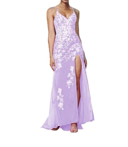 Image of Long Spaghetti Straps Tulle Mermiad Prom Dress V Neck Lace Appliques Formal Dress with Slit SF203