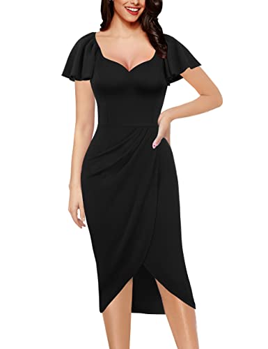 VFSHOW Womens V Neck Cocktail Ruffle Sleeve Wrap Slit Ruched Party Midi Dress Bodycon Work Business Sheath Pencil Dress