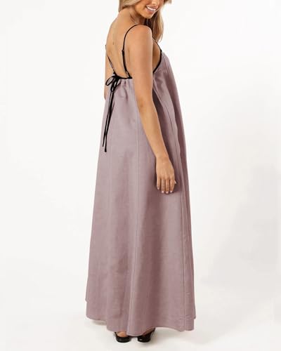 Image of Senllen Women's Linen Dress Summer Loose Flowy Sundress Contrast Spaghetti Strap Sleeveless Backless Beach Maxi Long Dresses