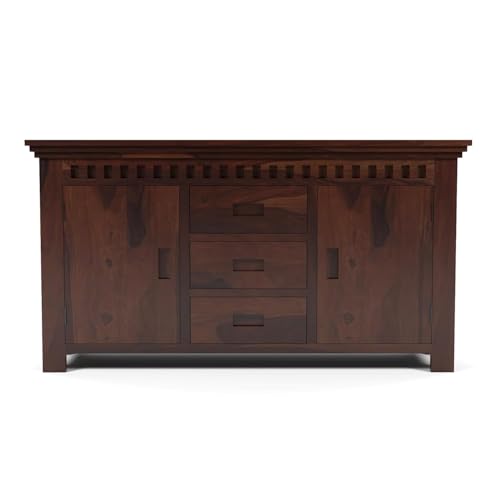 Image of Solid Sheesham Wood Wooden Sideboard Storage Cabinet & Chest of Drawer : Ideal for Living Room and Bedroom with 3 Drawers and 4-Shelf Storage (Carter, Walnut Finish)
