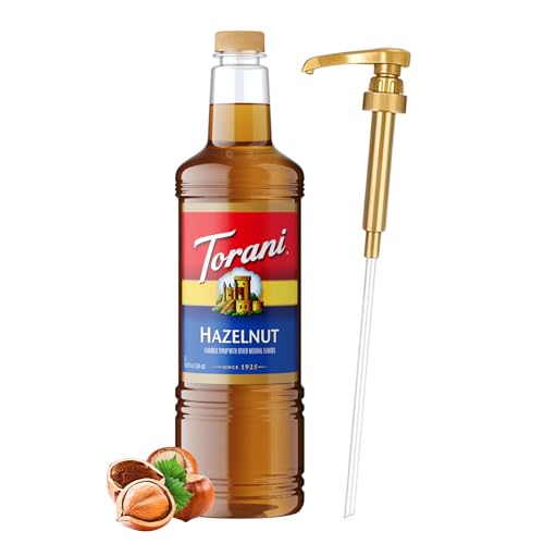 Image of Torani Hazelnut Syrup 1 Liter Bottle with Pump - Premium Coffee Flavoring Made with Pure Cane Sugar & Natural Flavors for Lattes, Cappuccinos, Desserts, Cocktails & More - Rich Nutty Sweetener