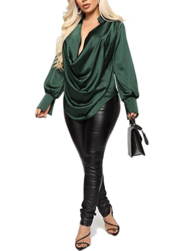 Lyaner Women's Satin Collar Neck Drape Ruched Front Long Sleeve Blouse Shirt Top Dark Green Small #TOP2