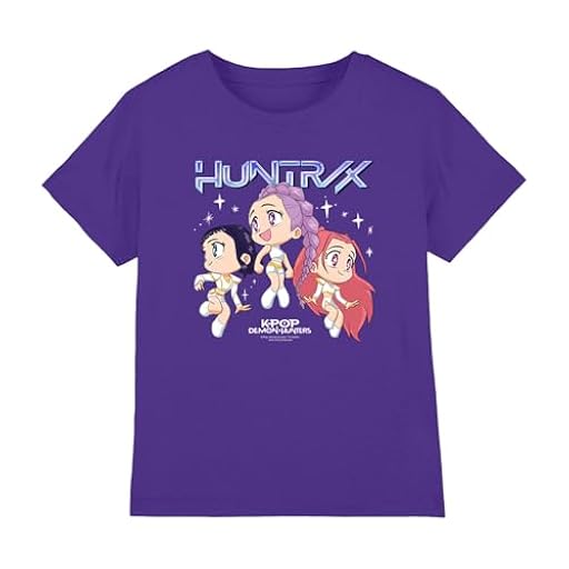 K-Pop Demon Hunters KPOP Demon Hunters-Huntrix Chibi Group T Shirt, Purple, 7-8 años Unisex Kids | Ya disponible en tu tienda friki favorita! En mundofriki.es!