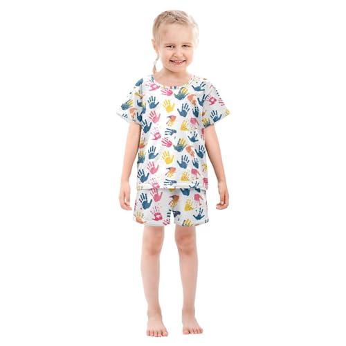 ALAZA Colorful Handprint Paw Print Pajamas Set Short Sleeve Cotton Sleepwear Summer Pjs 2 Piece 5-14Y3