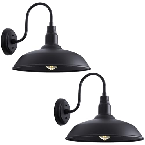 Image of 16 Inch Gooseneck Light Fixture for Barn Door, 2 Pack Large Barn Lights for Front Porch, Black Outdoor Farmhouse Light with Goose Neck Arm, Exterior Wall Dome Lighting for House Garage