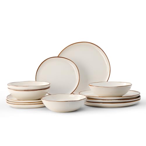 Image of Bestone 12 Pieces Round Kitchen Dinnerware Sets,Plates and Bowls Sets,Dishes, Plates, Bowls, Dish Set, Chip Resistant Ceramic Dinnerware Set, Dishwasher /Microwave Safe,Service for 4,Pearl White
