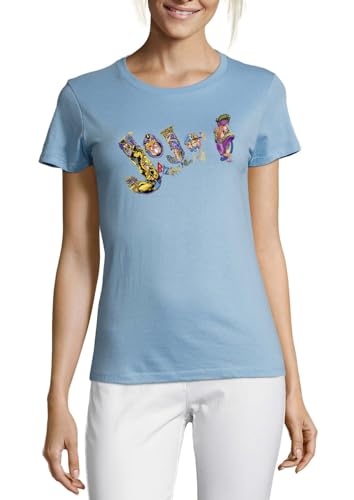 T-Shirt Femme Bleu Clair en Coton Anime 64 à Col Rond