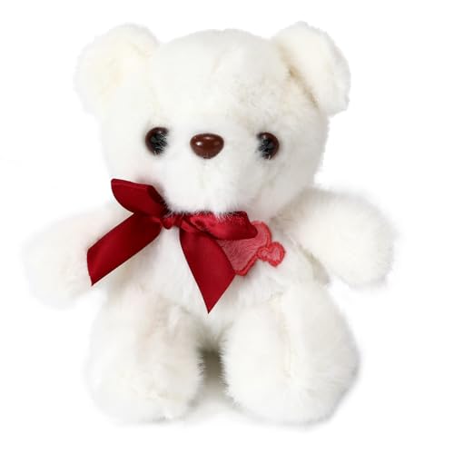 ABEARCAR 4.7 Inchs Teddy Bear Stuffed Animal with Heart,Bow Tie Embroidered Pink Heart Teddy Bear Plush Toy for Girlfriend, Boyfriend(White)