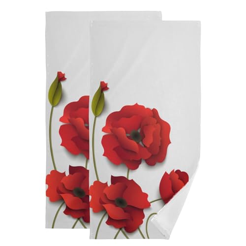 QINBEIDU Poppy Flower Hand Towels for Bathroom Set of 2 Beautiful Red Poppies Flowers Guest Bath Hand Towel Kitchen Dish Towels Spa Home Bathroom Decorations 14.4