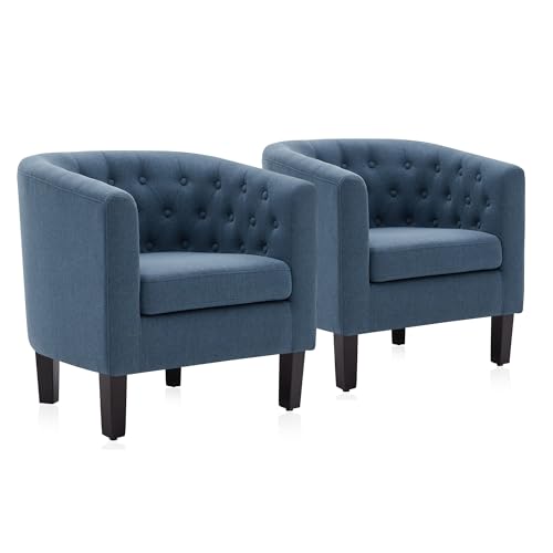 Image of BELLEZE Accent Barrel Arm Chair Set of 2, Modern Comfy Upholstered Tufted Club Chair with Sturdy Legs and Linen Fabric for Bedroom Living Room - Navy Blue