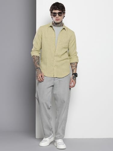 Image of The Indian Garage Co Men Slim Fit Striped Full Sleeves Cutaway Collar Casual Shirt