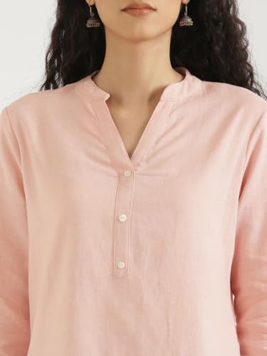 Image of SAADAA Women Short Kurti Airy Linen Regular Fit Kurta with 3 /4th Sleeves, Mandarin Collar, Side Slit Perfect for Casual, Formal, and Ethnic Wear