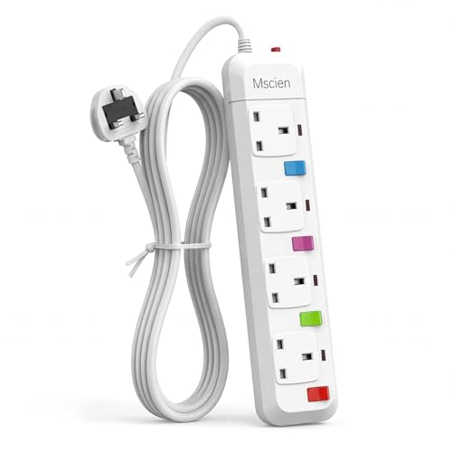 Mscien 4 Way Extension Lead 5M,Long Extension Cable with Individual Switches, Mountable Overload Protection Power Strips, 5 Metre Extension Socket