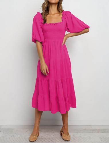 Image of R.Vivimos Women's Summer Cotton Lantern Sleeves Ruffled Off Shoulder A-Line Midi Dresses