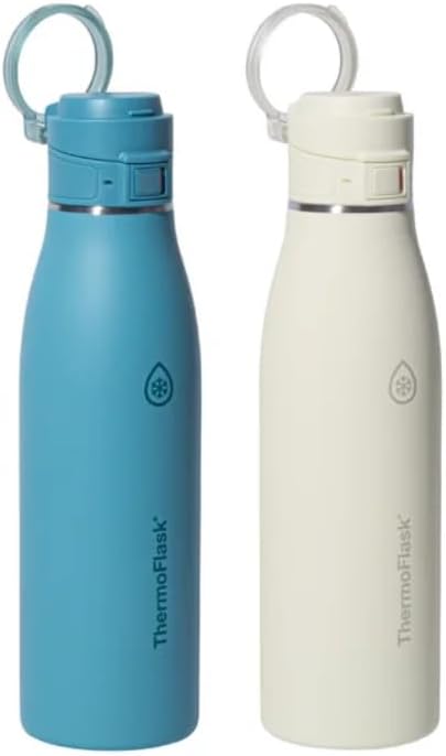 ThermoFlask Double-Wall Vacuum Insulated Bottle, 25oz/740ml, BPA-Free, 24hr Cold/12hr Hot, Comfort Sip Spout, Dishwasher Safe, Non-Slip Base, Blue and Yellow, 2-Pack