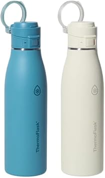 ThermoFlask Double-Wall Vacuum Insulated Bottle, 25oz/740ml, BPA-Free, 24hr Cold/12hr Hot, Comfort Sip Spout, Dishwasher Safe, Non-Slip Base, Blue and Yellow, 2-Pack
