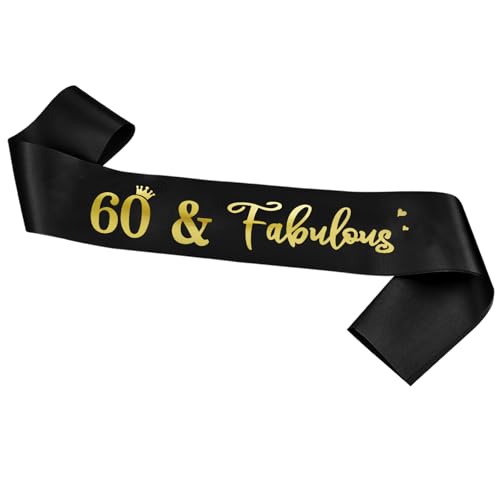 JOJO FLY 60 and Fabulous Sash, 60th Birthday Sash for Women, Black Sash with Gold Glitter Letter 60 Fabulous, 60 Birthday Party Decorations, 60th Birthday Party Supplies Favors Gifts