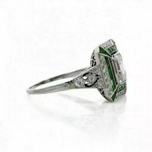 Art Deco Emerald Cut Lab Created Diamond & Emerald Engagement 925 Silver Ring 5