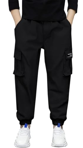 SANGTREE Boy Jogger Pants, Drawstring Elastic Waist Pull On Cargo Casual Pants Trousers with Pockets for Boys, Black, S2